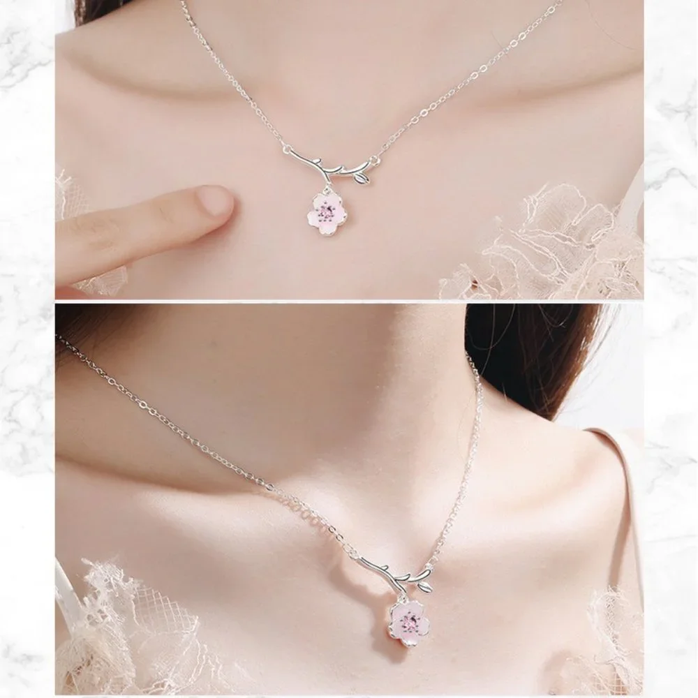 #NEW 925 Sterling Silver Pink White Diamond Cherry Blossom Leaf Branch Necklace